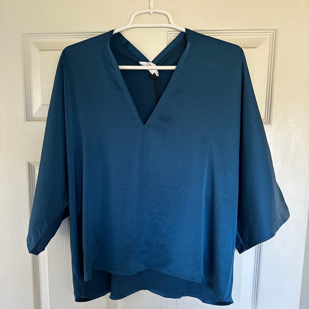NWT Blue Satin V Pullover top from The Reset (Medium)